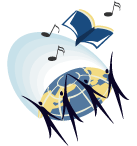 the CNICE logo, four people dancing around a globe and a book