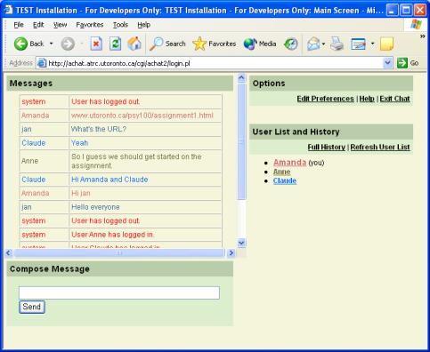 Figure 4: This screenshot shows the main A-Chat screen. The message area in on the top-left, the compose message area under it and the ootions and user list and history areas on the right.